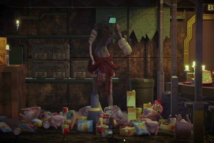 Dylan, a cyborg, standing in a dim storeroom piled with food.