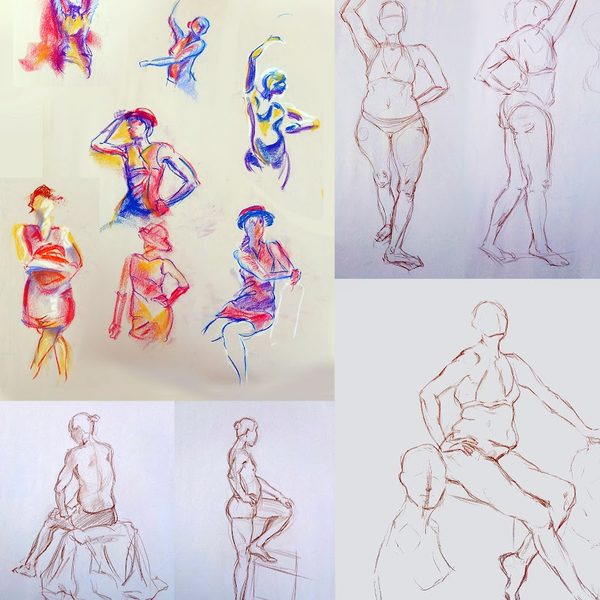 Gesture drawings of figures in colored ink and red pencil.