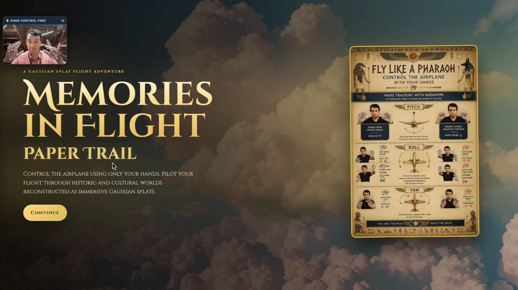 The start screen, Memories in Flight, beside a poster showing pitch, roll, and yaw as hand poses.