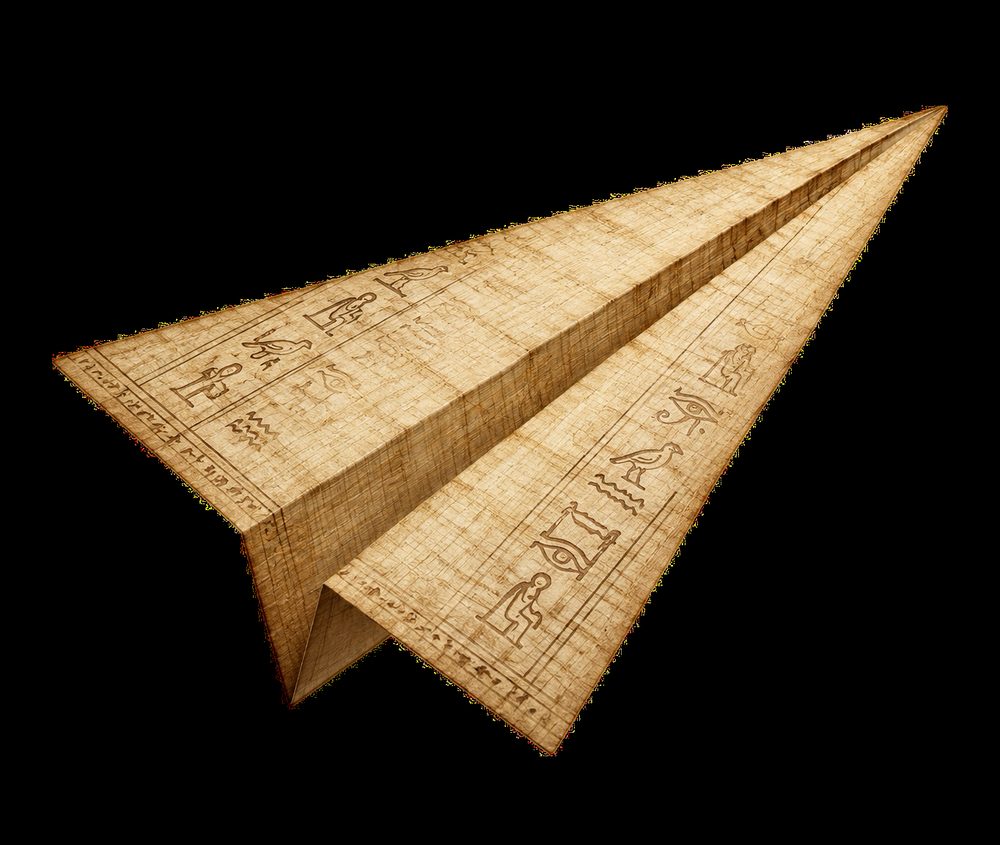 The papyrus paper airplane, covered in hieroglyphs.