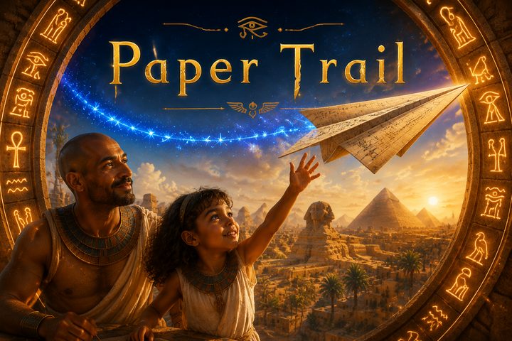 Paper Trail key art: a father and daughter in Ancient Egypt watching a glowing paper airplane fly toward the pyramids.